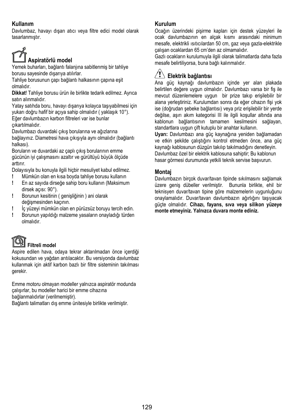 129 kullanım, Aspiratörlü model, Kurulum | Elektrik bağlantısı, Montaj | ELICA TRENDY User Manual | Page 129 / 140