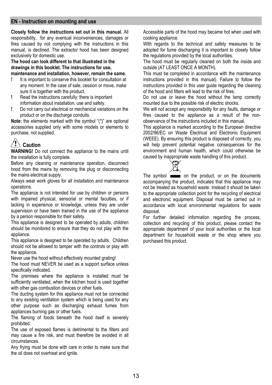 En - instruction on mounting and use, Caution | ELICA TRENDY User Manual | Page 13 / 140