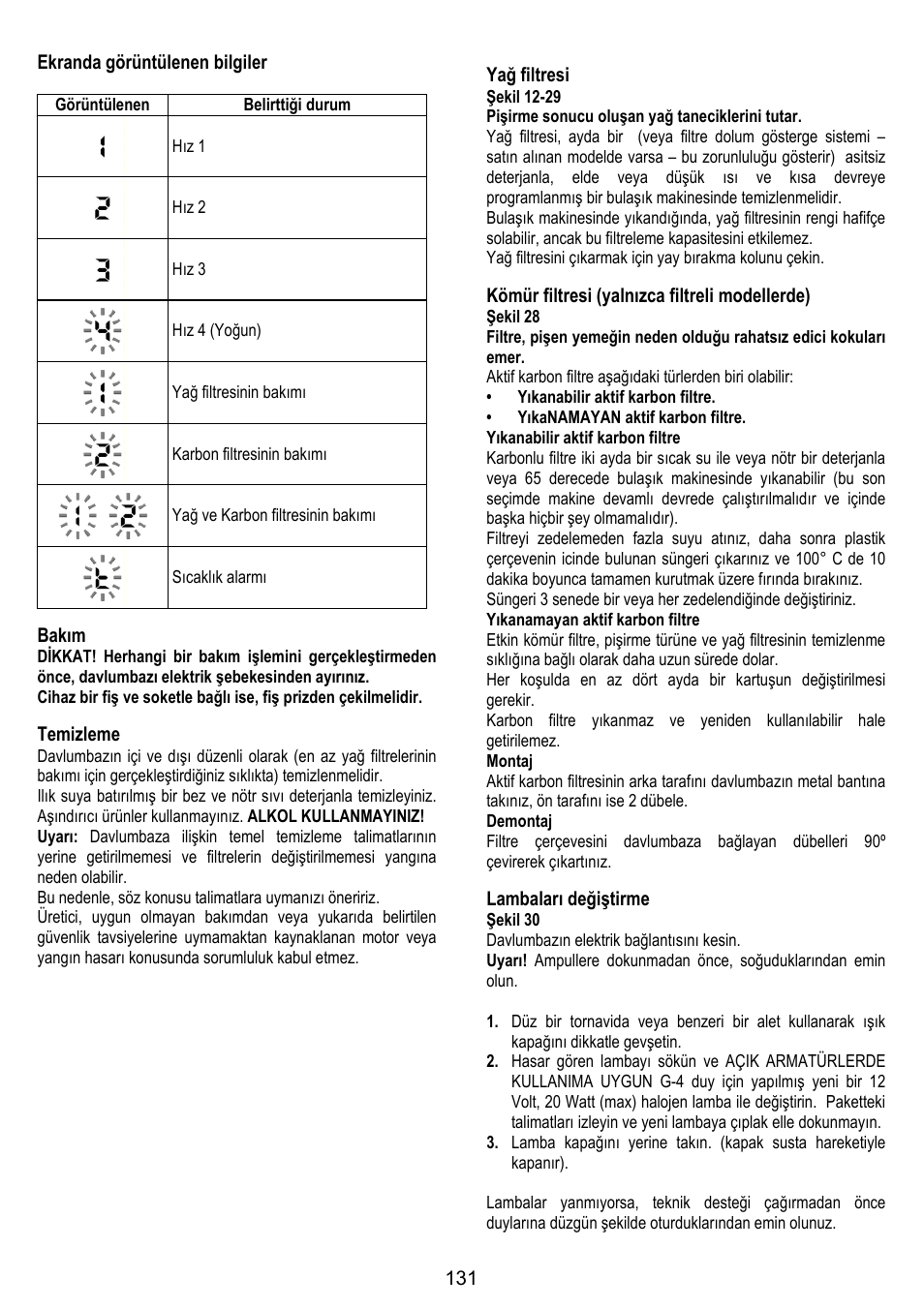 131 ekranda görüntülenen bilgiler, Bakım, Temizleme | Yağ filtresi, Kömür filtresi (yalnızca filtreli modellerde), Lambaları değiştirme | ELICA TRENDY User Manual | Page 131 / 140