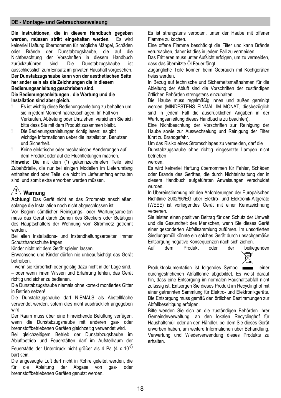 De - montage- und gebrauchsanweisung, Warnung | ELICA TRENDY User Manual | Page 18 / 140