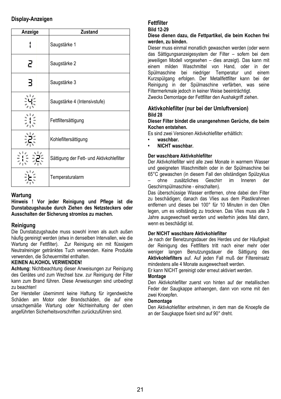 21 display-anzeigen, Wartung, Reinigung | Fettfilter, Aktivkohlefilter (nur bei der umluftversion) | ELICA TRENDY User Manual | Page 21 / 140