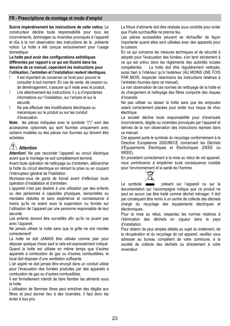 Fr - prescriptions de montage et mode d’emploi, Attention | ELICA TRENDY User Manual | Page 23 / 140