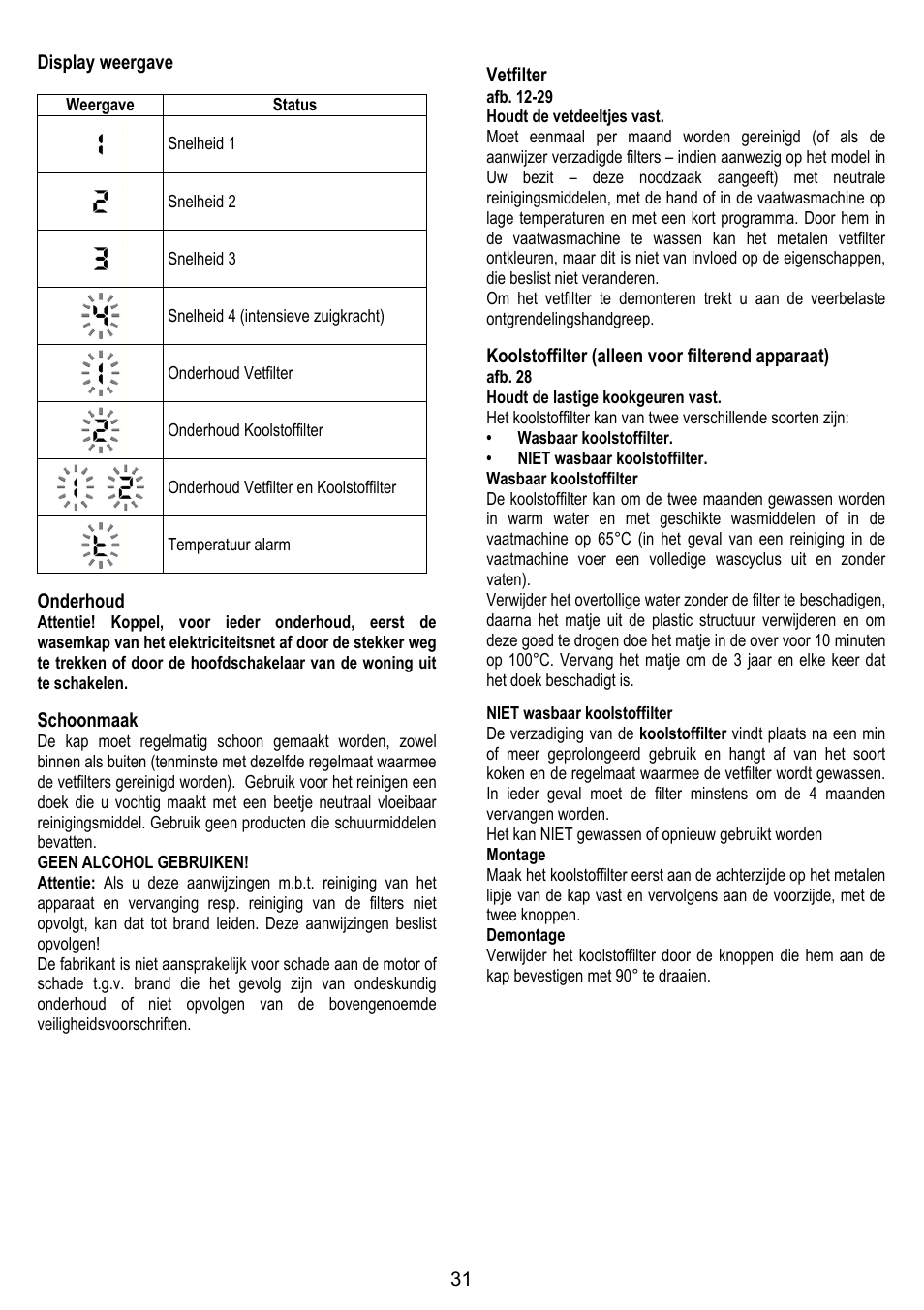 31 display weergave, Onderhoud, Schoonmaak | Vetfilter, Koolstoffilter (alleen voor filterend apparaat) | ELICA TRENDY User Manual | Page 31 / 140