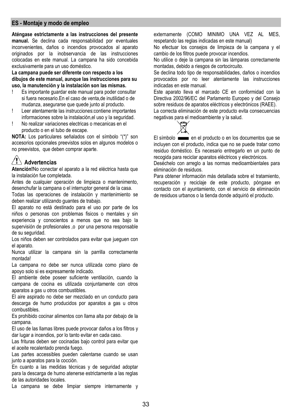 Es - montaje y modo de empleo, Advertencias | ELICA TRENDY User Manual | Page 33 / 140