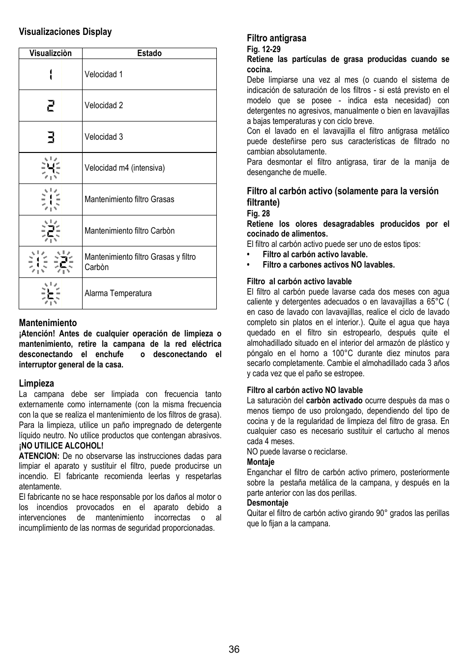 36 visualizaciones display, Mantenimiento, Limpieza | Filtro antigrasa | ELICA TRENDY User Manual | Page 36 / 140