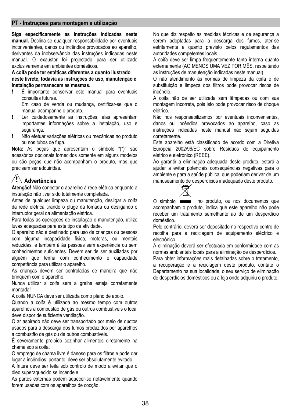 Pt - instruções para montagem e utilização, Advertências | ELICA TRENDY User Manual | Page 38 / 140