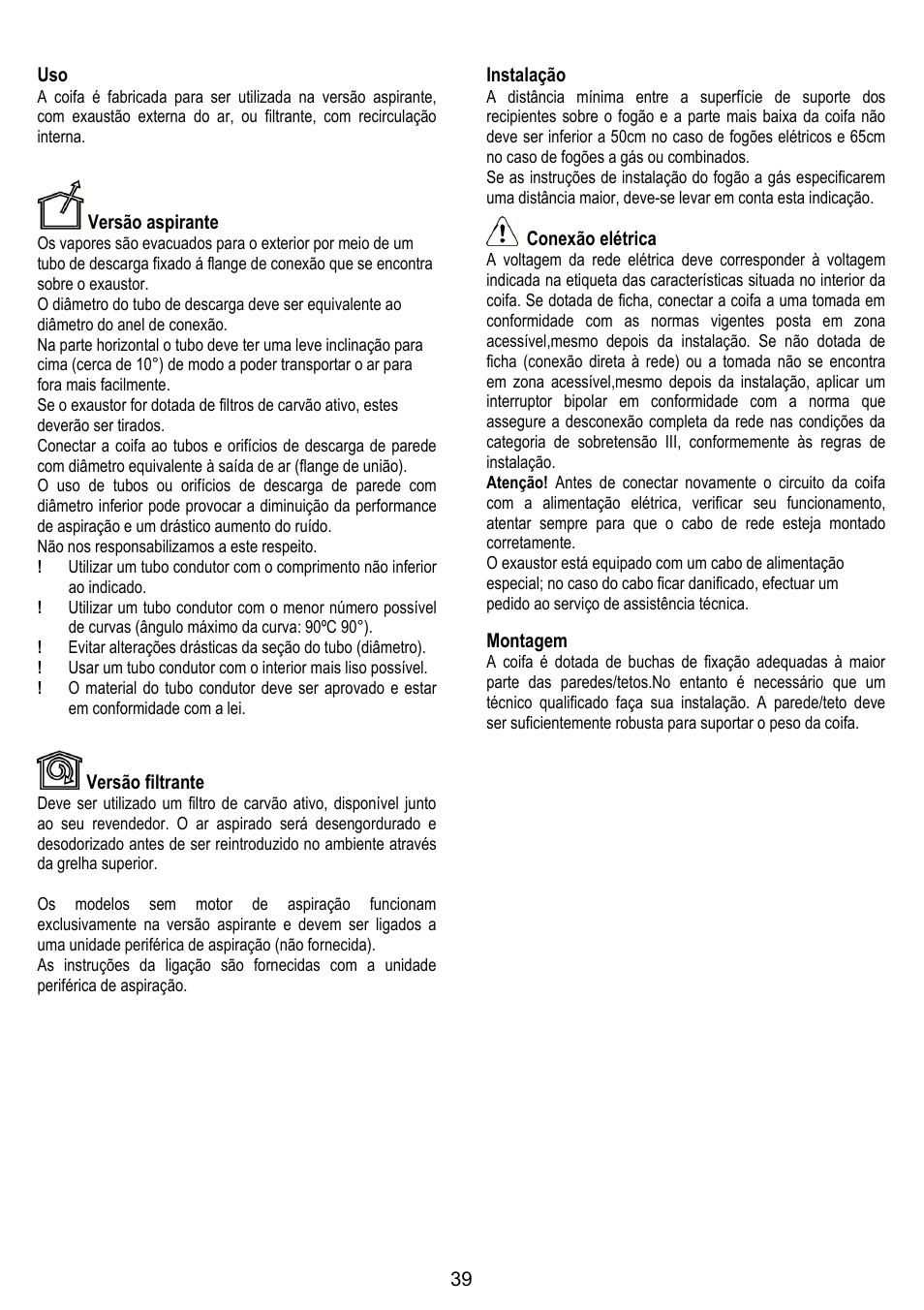 39 uso, Versão aspirante, Versão filtrante | Instalação, Conexão elétrica, Montagem | ELICA TRENDY User Manual | Page 39 / 140