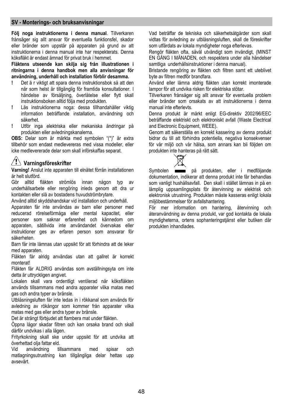 Sv - monterings- och bruksanvisningar, Varningsföreskrifter | ELICA TRENDY User Manual | Page 48 / 140