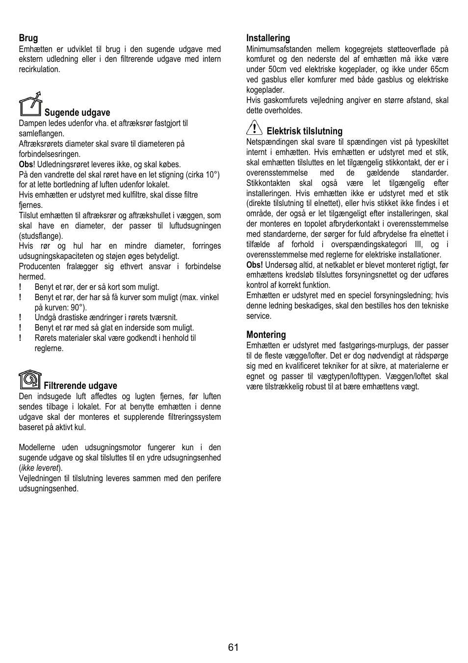 61 brug, Sugende udgave, Filtrerende udgave | Installering, Elektrisk tilslutning, Montering | ELICA TRENDY User Manual | Page 61 / 140