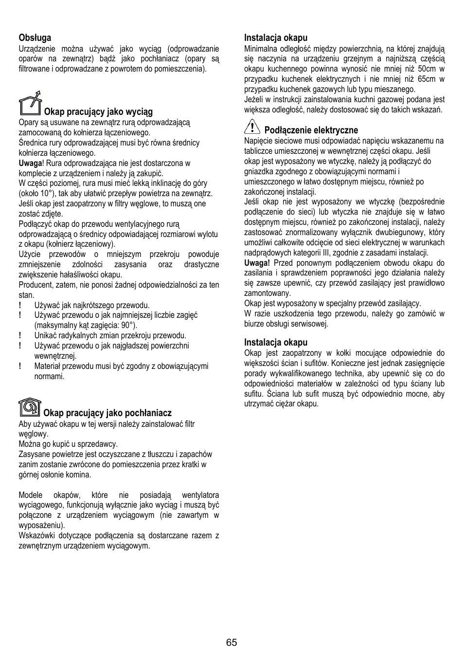 65 obsługa, Okap pracujący jako wyciąg, Okap pracujący jako pochłaniacz | Instalacja okapu, Podłączenie elektryczne | ELICA TRENDY User Manual | Page 65 / 140