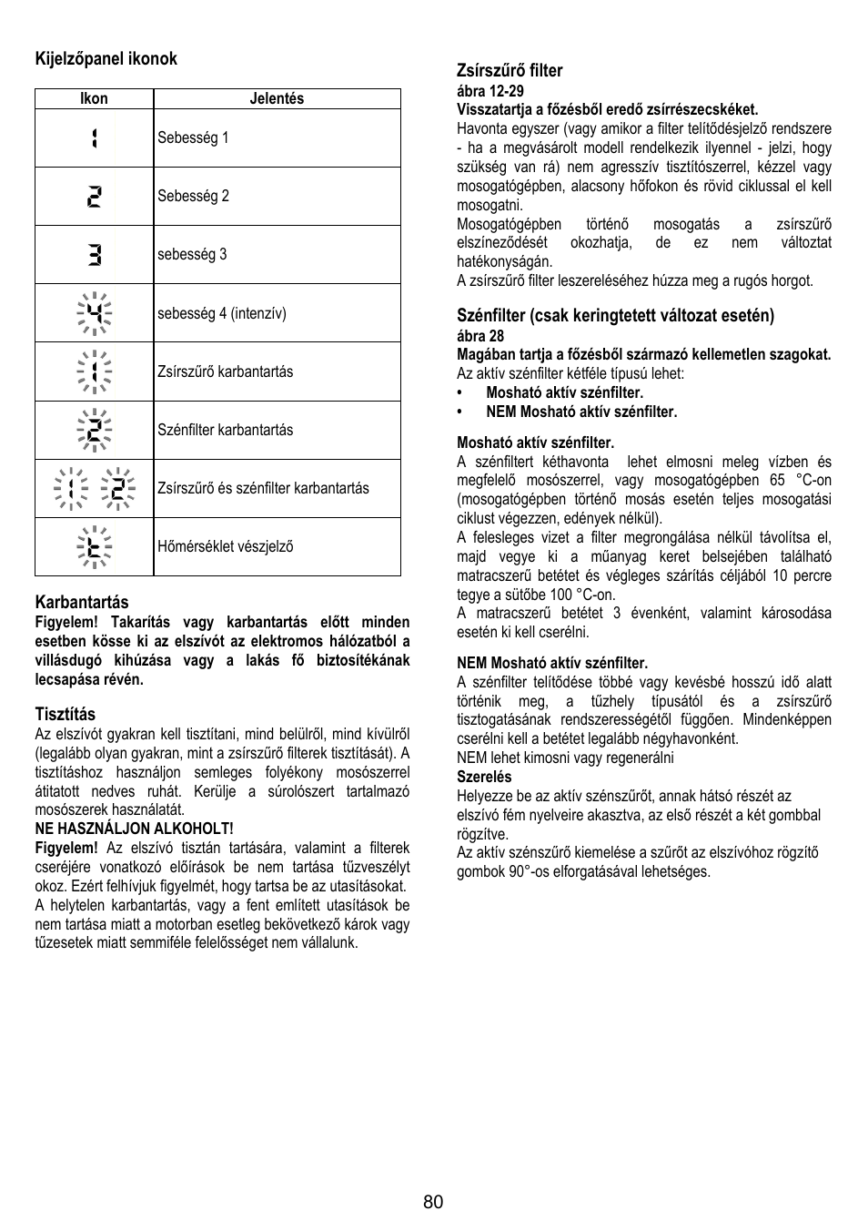 80 kijelzőpanel ikonok, Karbantartás, Tisztítás | Zsírszűrő filter, Szénfilter (csak keringtetett változat esetén) | ELICA TRENDY User Manual | Page 80 / 140