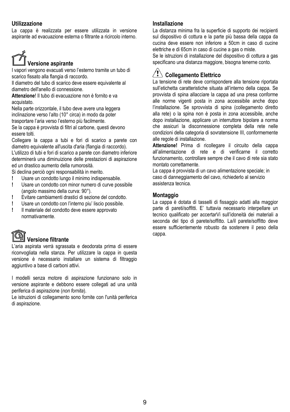 9utilizzazione, Versione aspirante, Versione filtrante | Installazione, Collegamento elettrico, Montaggio | ELICA TRENDY User Manual | Page 9 / 140