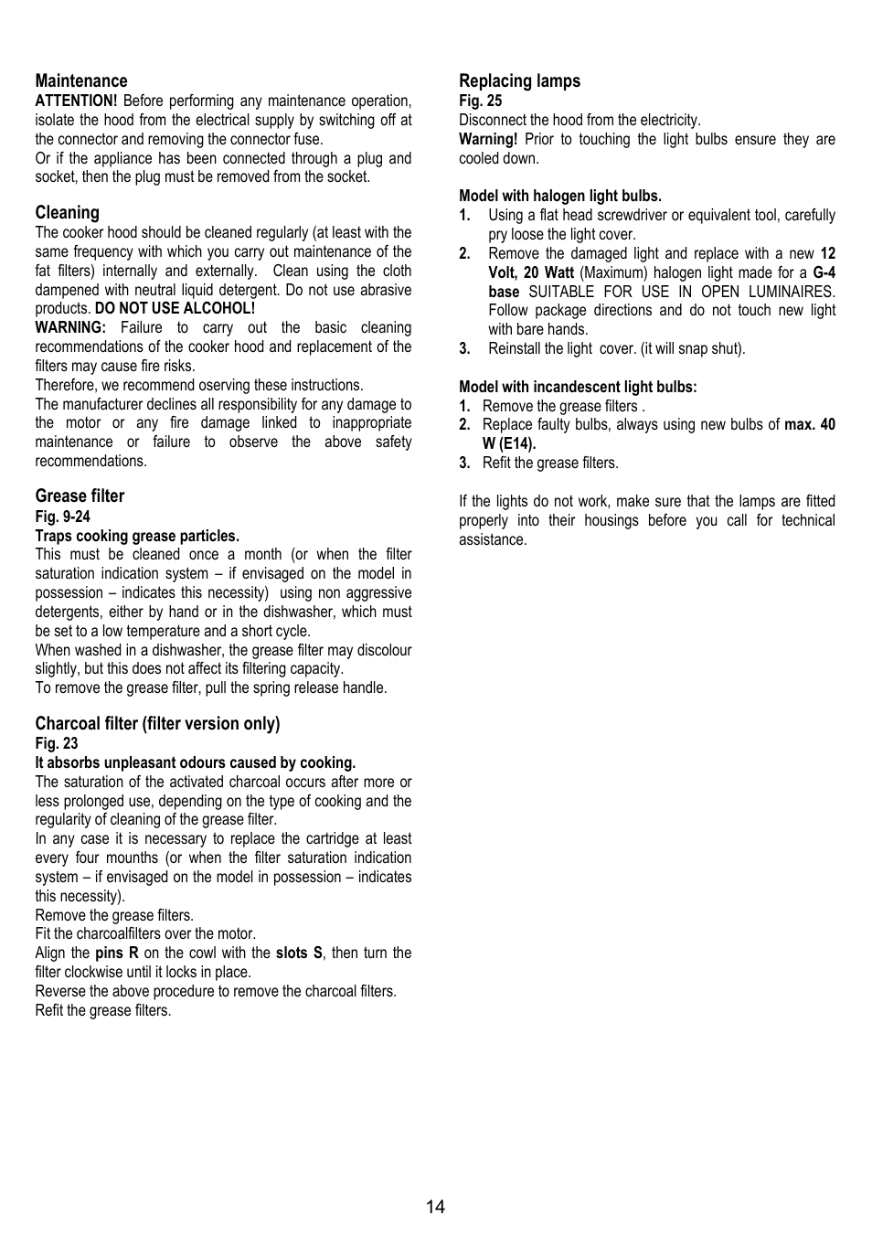 14 maintenance, Cleaning, Grease filter | Charcoal filter (filter version only), Replacing lamps | ELICA TROPIC User Manual | Page 14 / 92