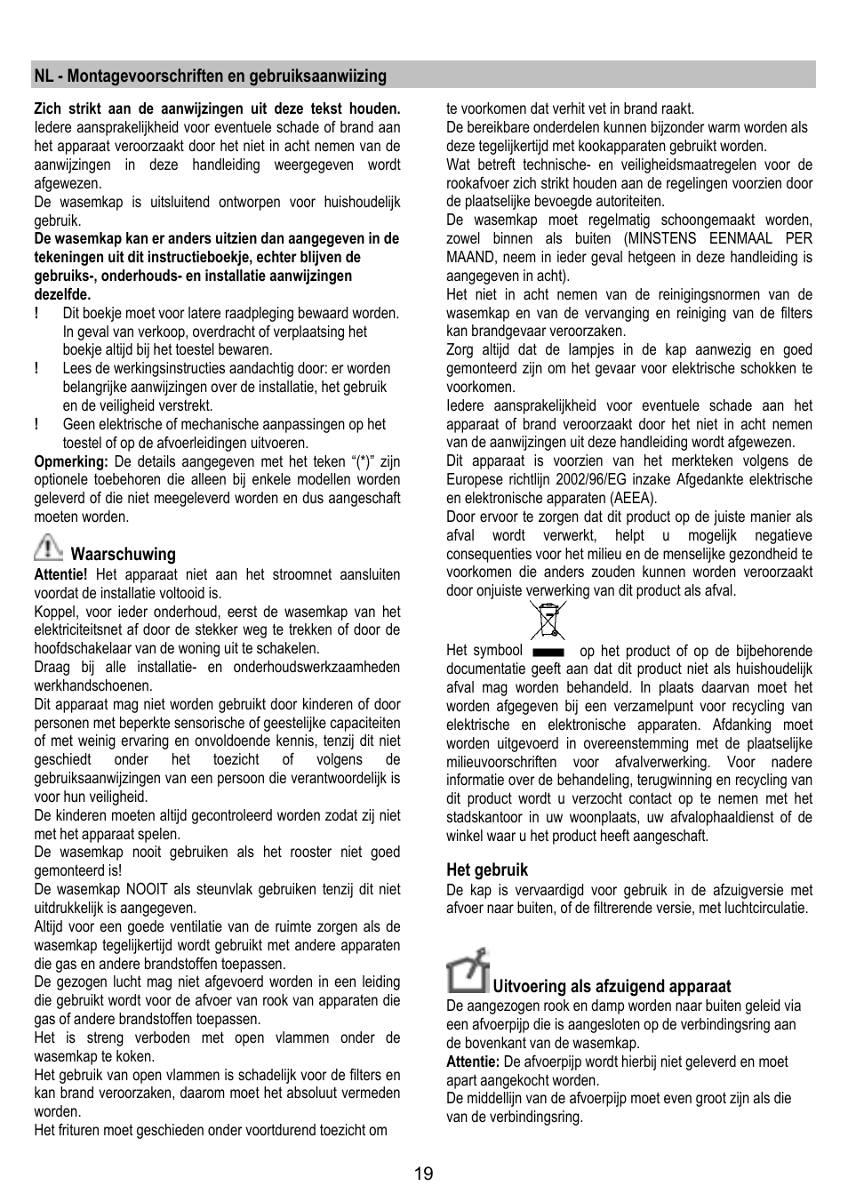 ELICA TROPIC User Manual | Page 19 / 92