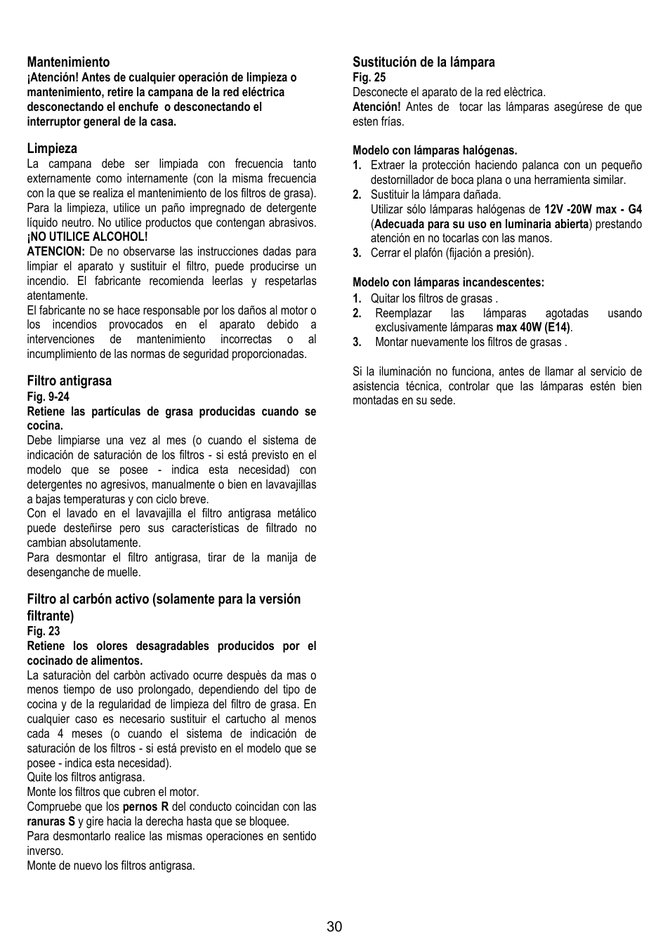 30 mantenimiento, Limpieza, Filtro antigrasa | Sustitución de la lámpara | ELICA TROPIC User Manual | Page 30 / 92