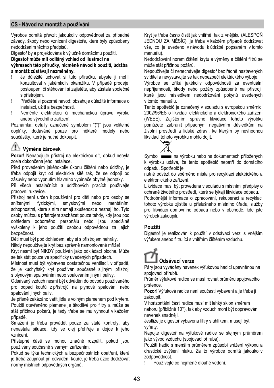 ELICA TROPIC User Manual | Page 43 / 92