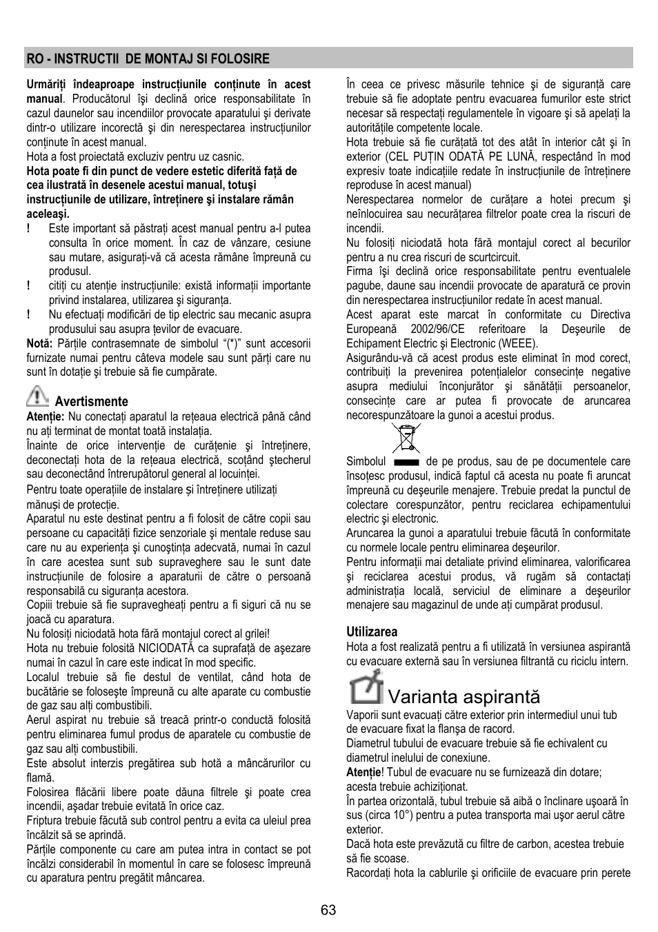 Varianta aspirantă | ELICA TROPIC User Manual | Page 63 / 92