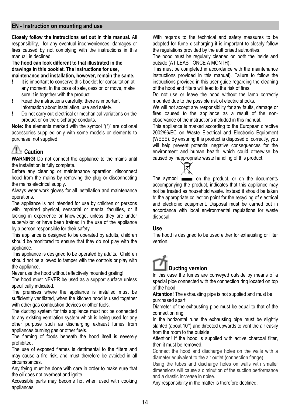 ELICA TUBE User Manual | Page 14 / 96