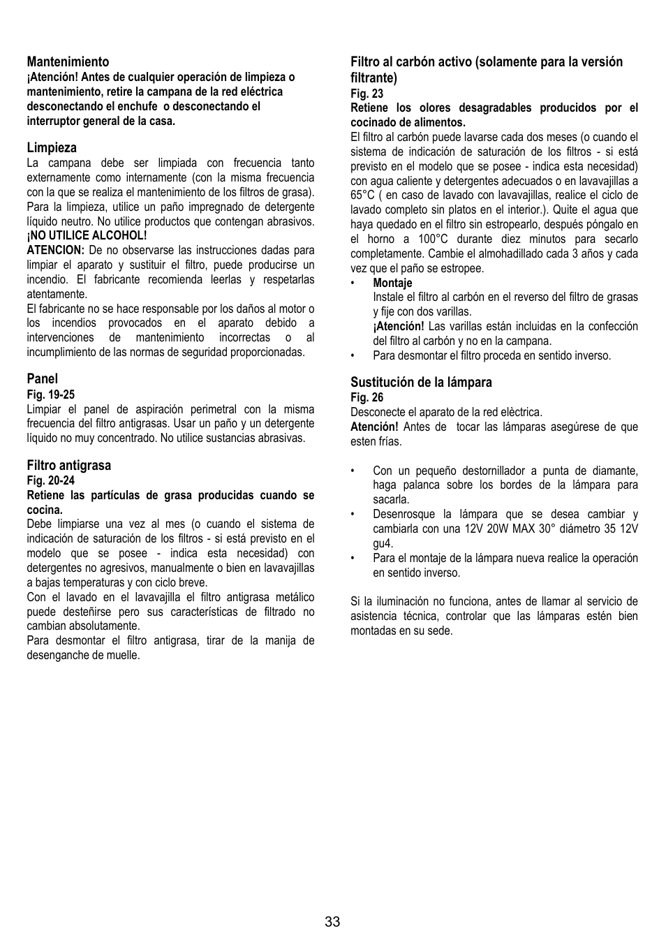 33 mantenimiento, Limpieza, Panel | Filtro antigrasa, Sustitución de la lámpara | ELICA TUBE User Manual | Page 33 / 96