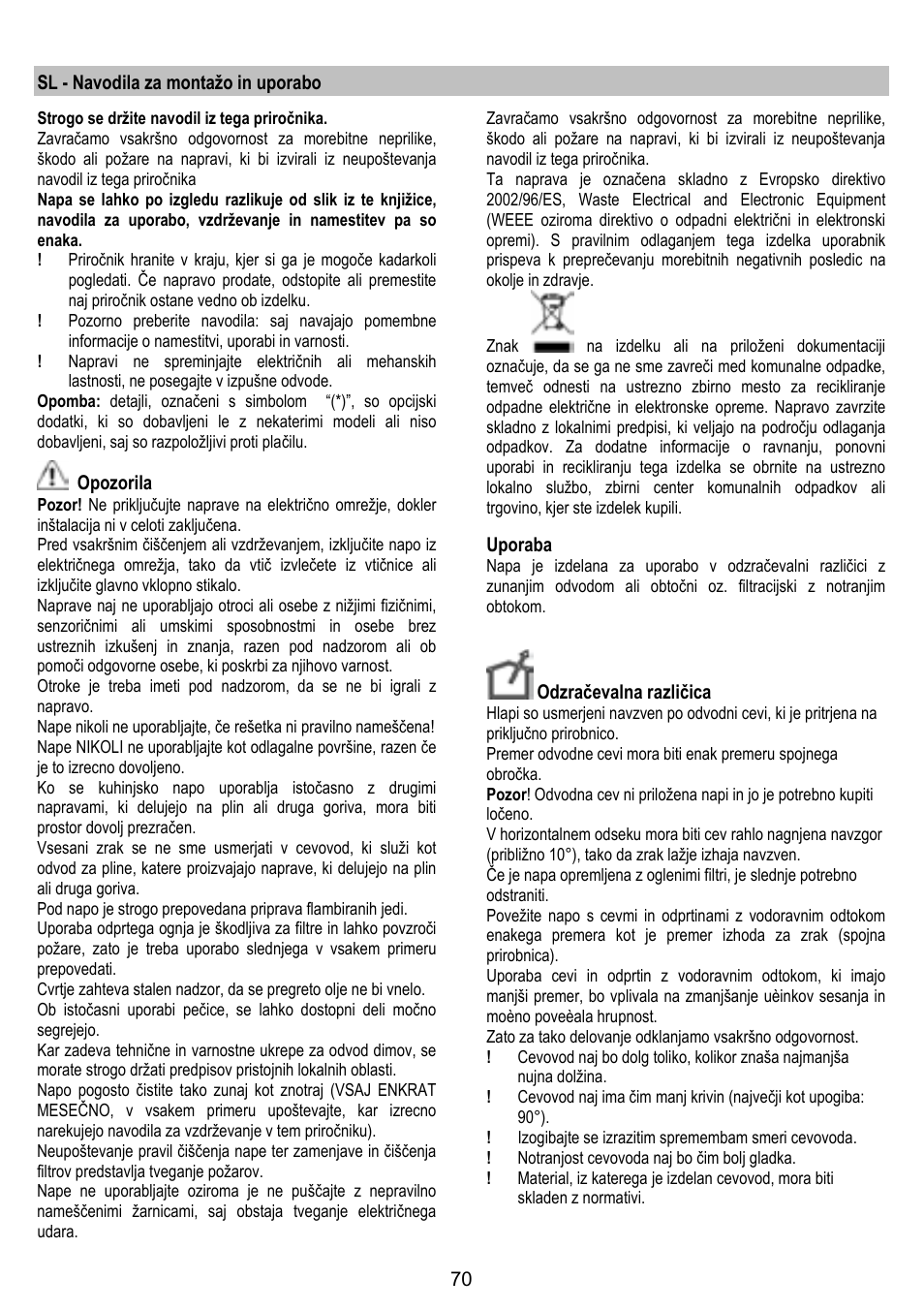 ELICA TUBE User Manual | Page 70 / 96