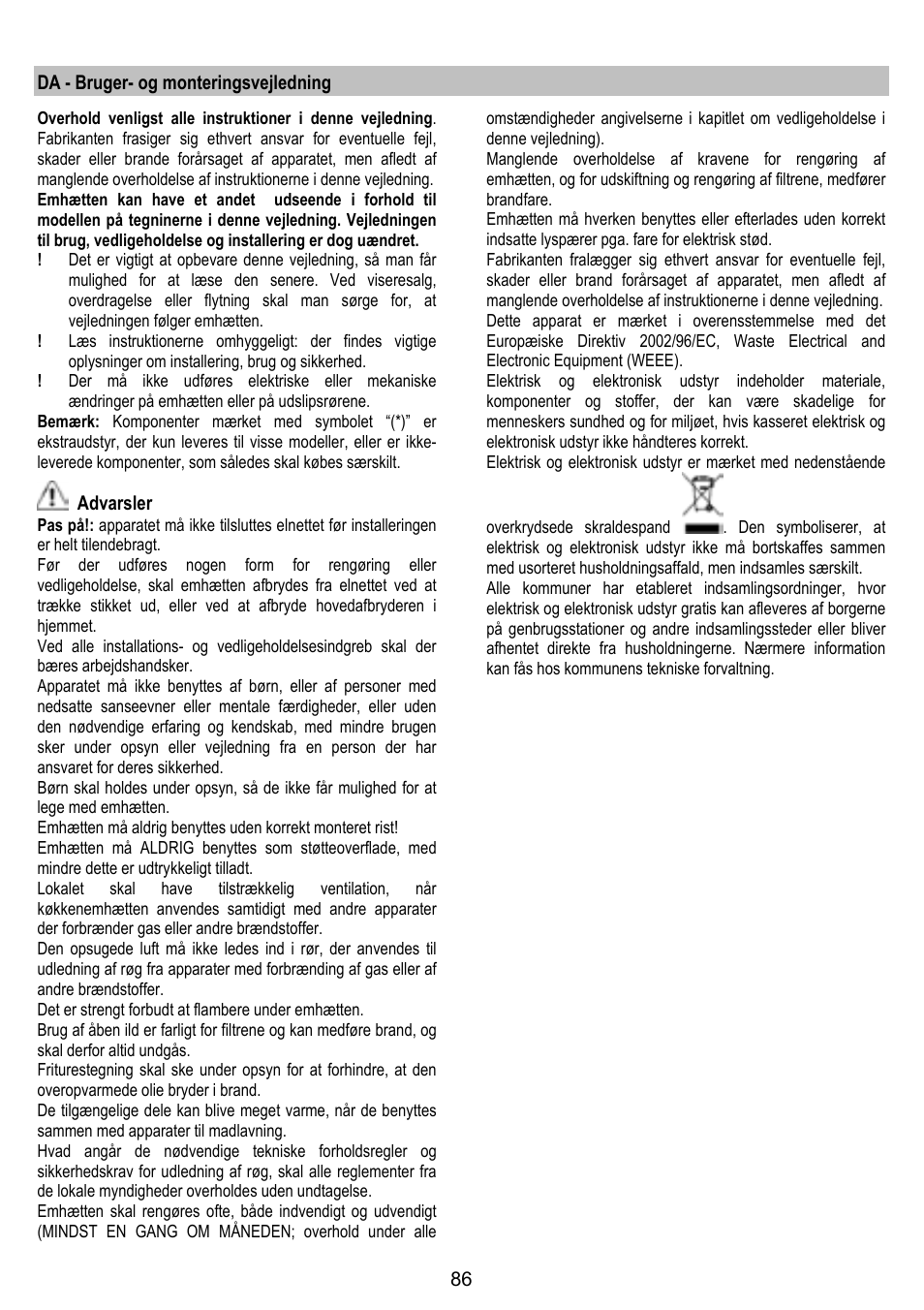 Da - bruger- og monteringsvejledning, Advarsler | ELICA TUBE User Manual | Page 86 / 96