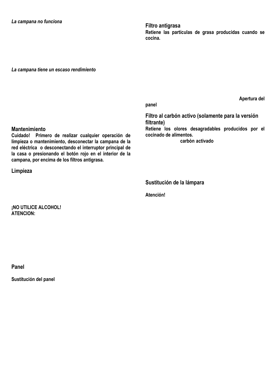 Mantenimiento, Limpieza, Panel | Filtro antigrasa, Sustitución de la lámpara | ELICA UP User Manual | Page 34 / 148