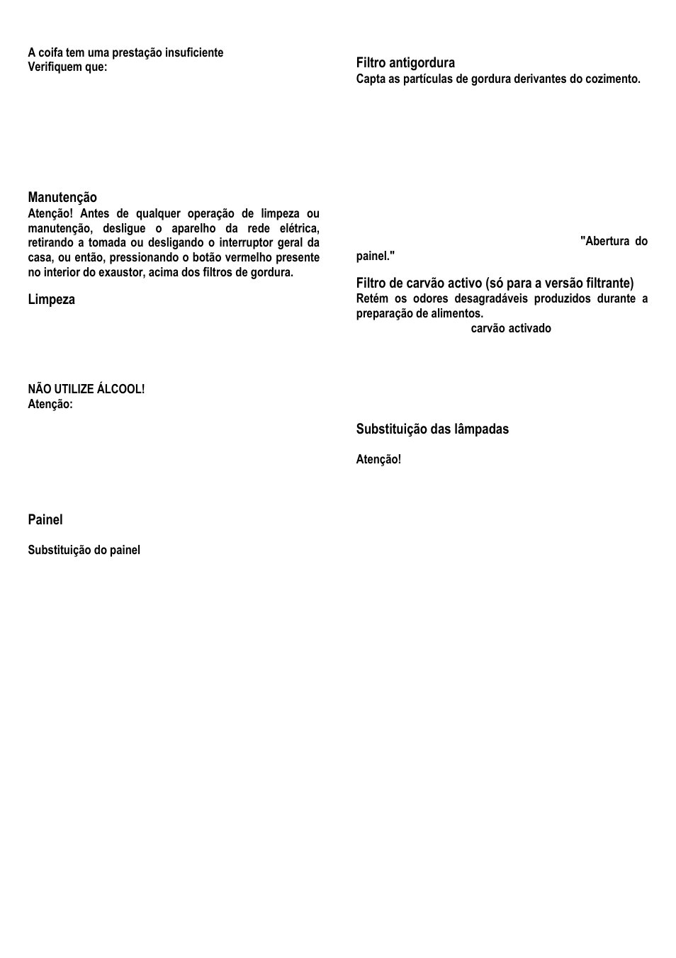 Manutenção, Limpeza, Painel | Filtro antigordura, Substituição das lâmpadas | ELICA UP User Manual | Page 39 / 148