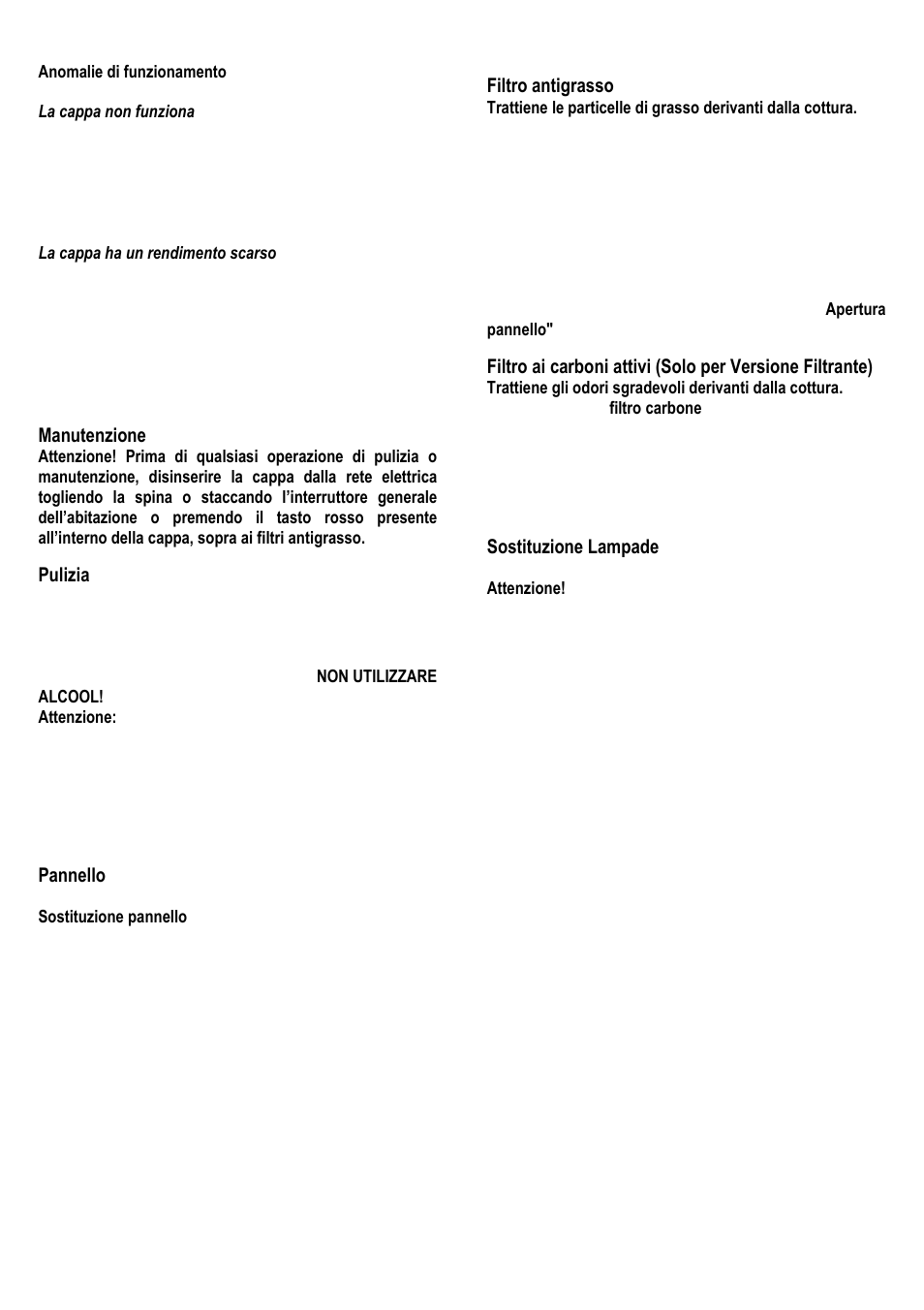 Manutenzione, Pulizia, Pannello | Filtro antigrasso, Sostituzione lampade | ELICA UP User Manual | Page 9 / 148