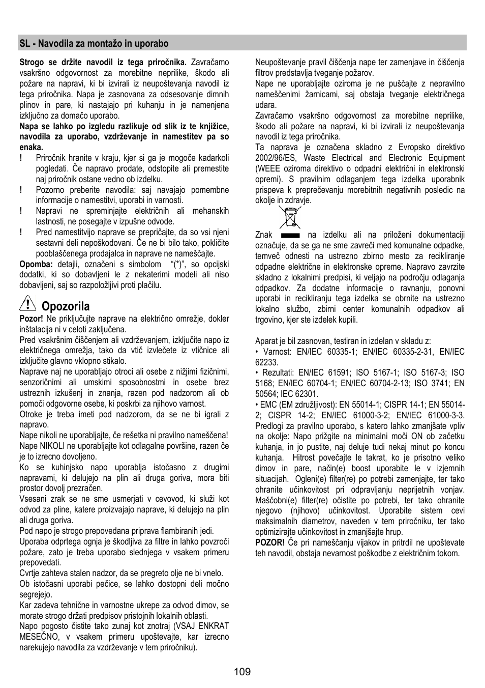 Opozorila | ELICA VERTIGO User Manual | Page 109 / 126