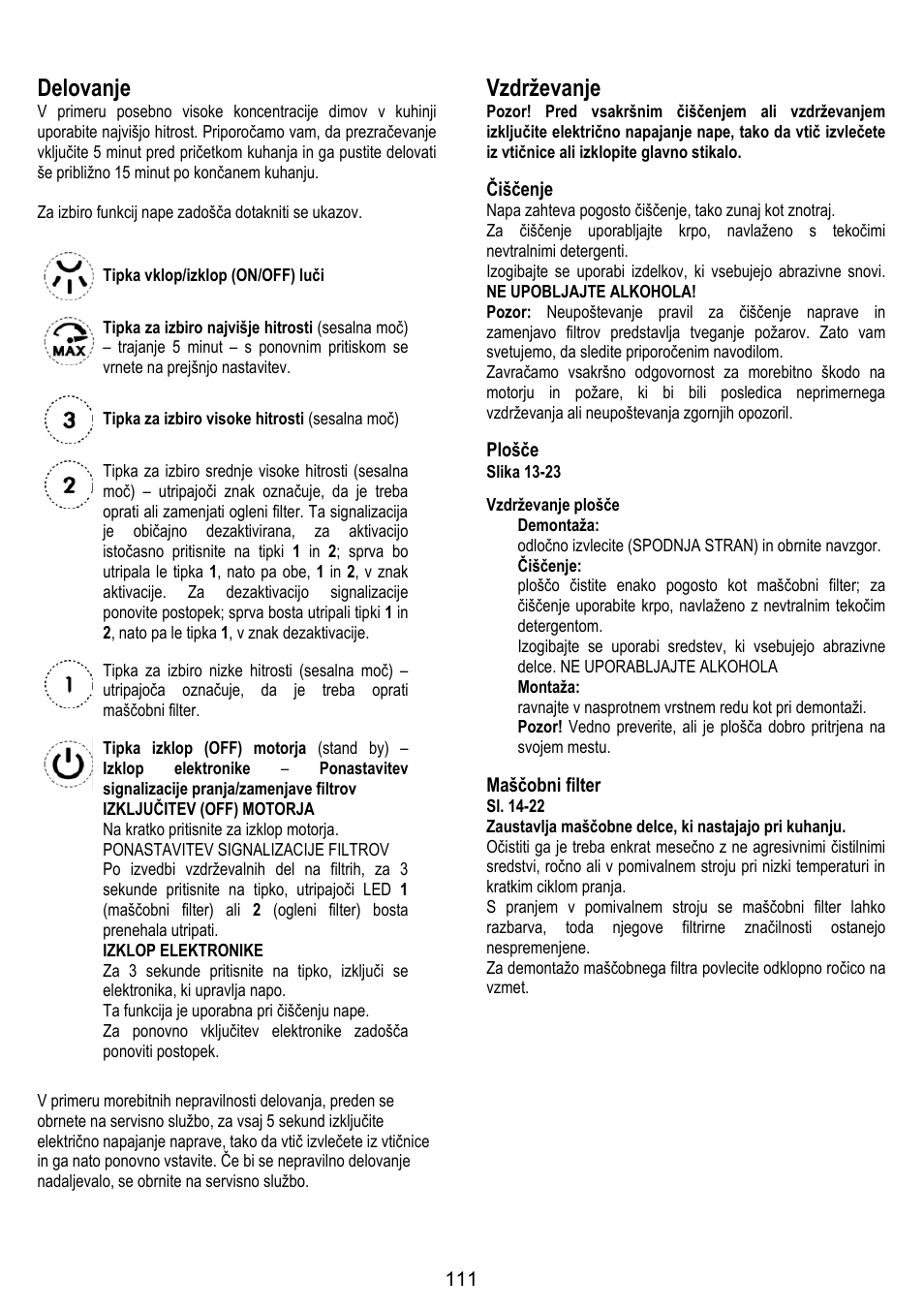 Delovanje, Vzdrževanje | ELICA VERTIGO User Manual | Page 111 / 126