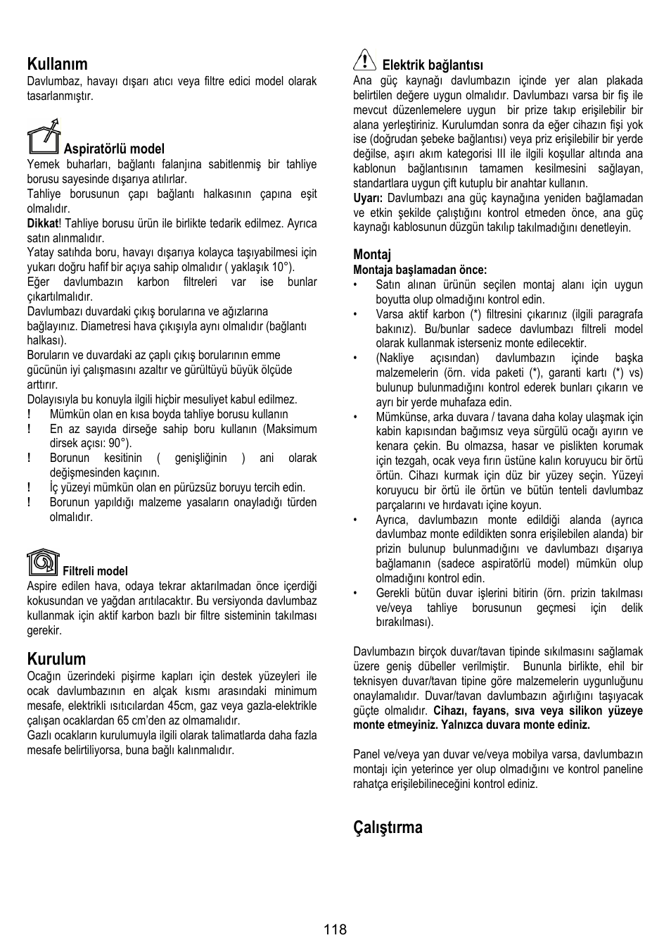 Kullanım, Kurulum, Çalıştırma | ELICA VERTIGO User Manual | Page 118 / 126