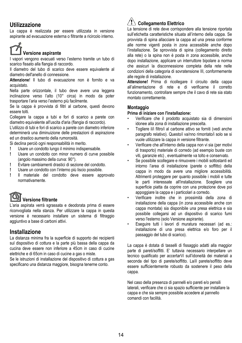 Utilizzazione, Installazione | ELICA VERTIGO User Manual | Page 14 / 126