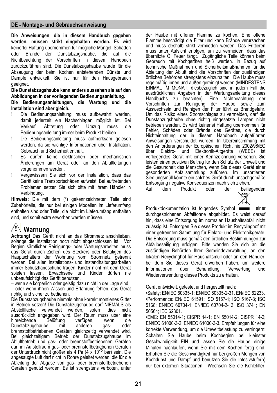 Warnung | ELICA VERTIGO User Manual | Page 21 / 126