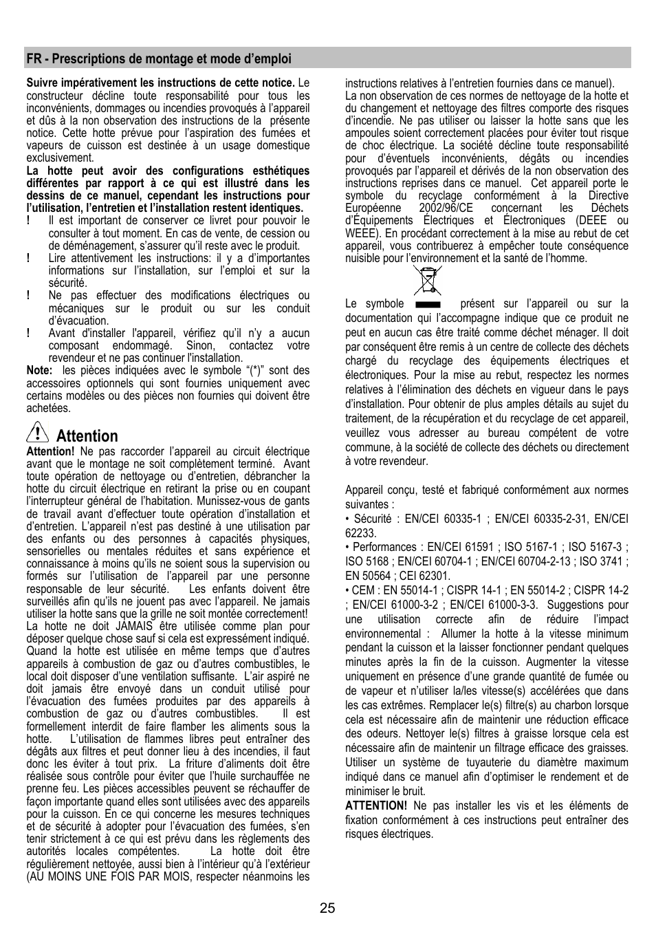 Attention | ELICA VERTIGO User Manual | Page 25 / 126