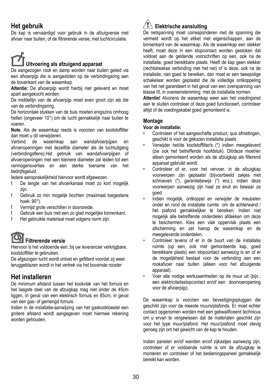 Het gebruik, Het installeren | ELICA VERTIGO User Manual | Page 30 / 126