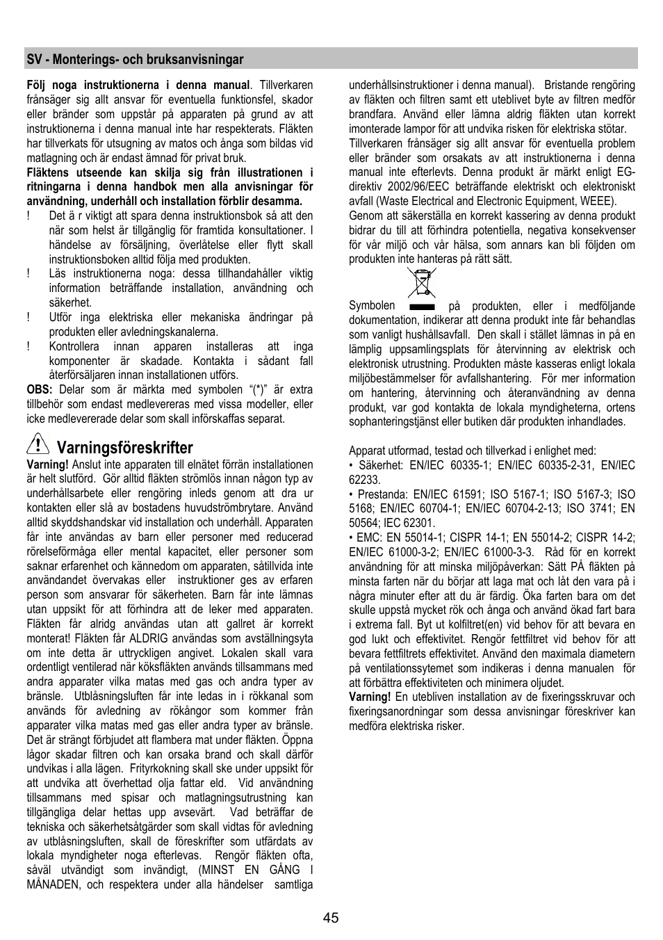 Varningsföreskrifter | ELICA VERTIGO User Manual | Page 45 / 126