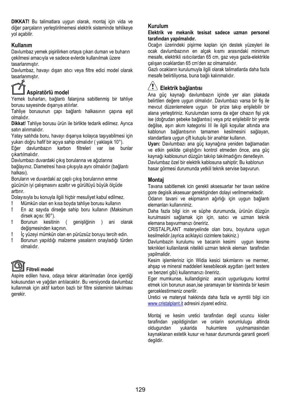 Kullanım, Aspiratörlü model, Kurulum | Elektrik bağlantısı, Montaj | ELICA YE User Manual | Page 129 / 136