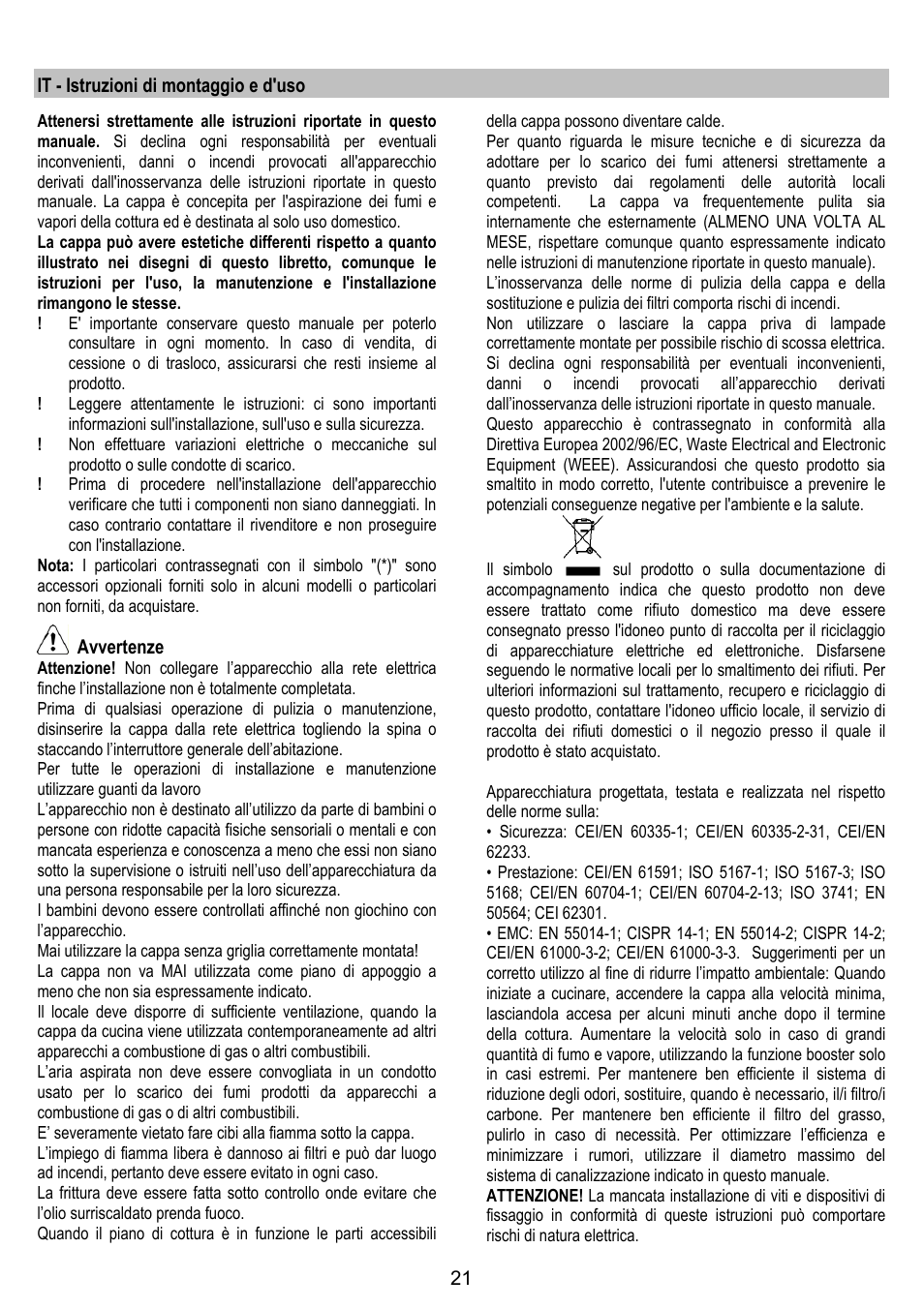 ELICA YE User Manual | Page 21 / 136