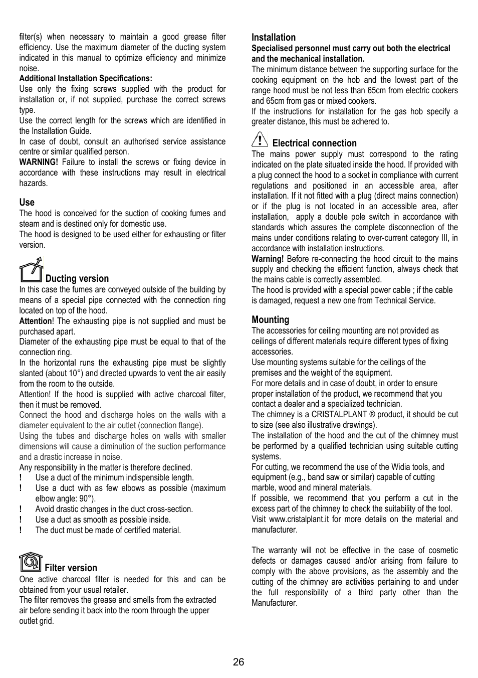 Ducting version, Filter version, Installation | Electrical connection, Mounting | ELICA YE User Manual | Page 26 / 136
