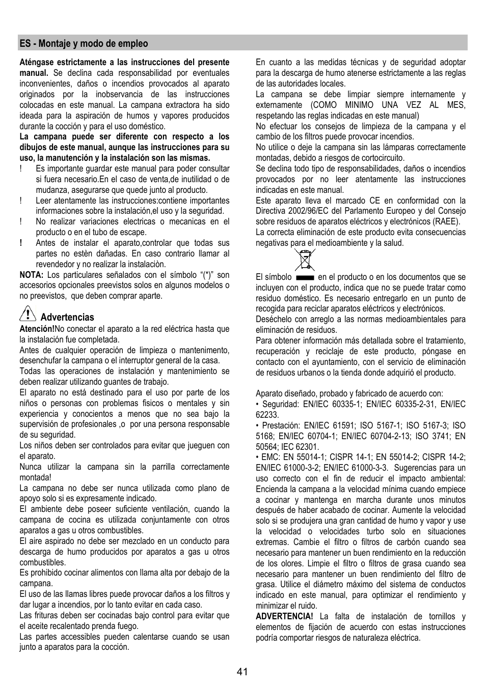 Es - montaje y modo de empleo, Advertencias | ELICA YE User Manual | Page 41 / 136