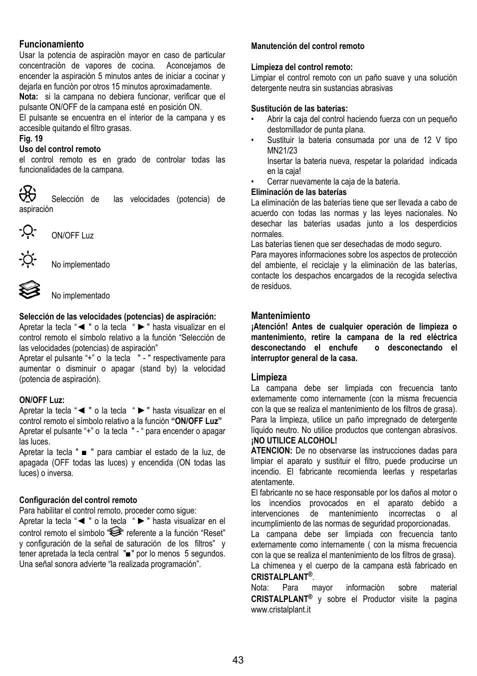 ELICA YE User Manual | Page 43 / 136