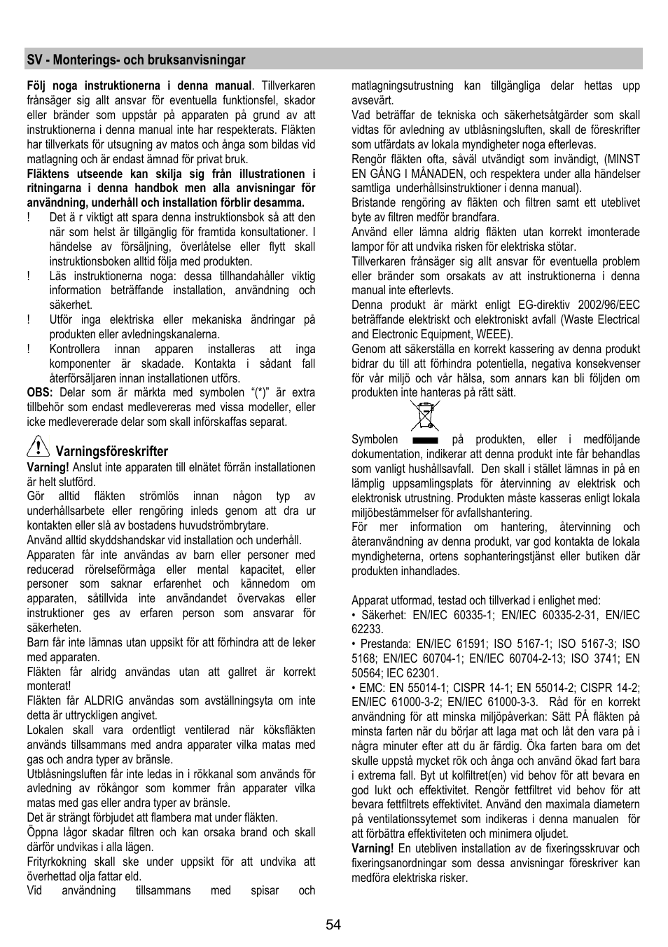 ELICA YE User Manual | Page 54 / 136