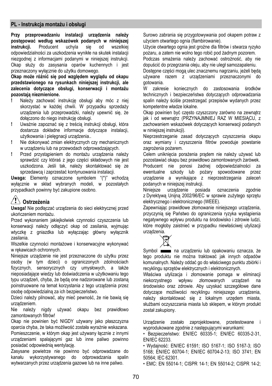 ELICA YE User Manual | Page 70 / 136