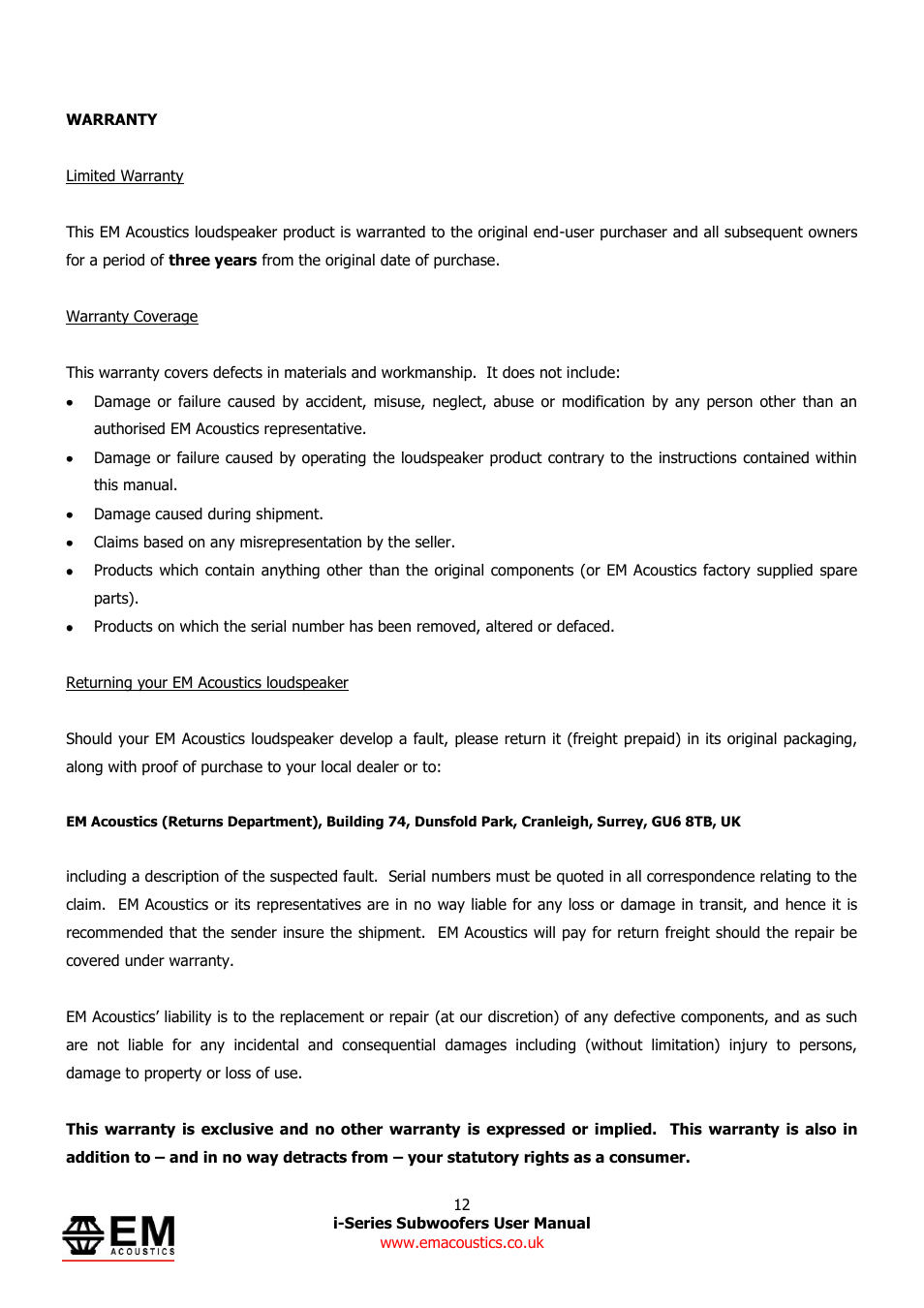 EM Acoustics i-12 compact ULF subwoofer User Manual | Page 12 / 14