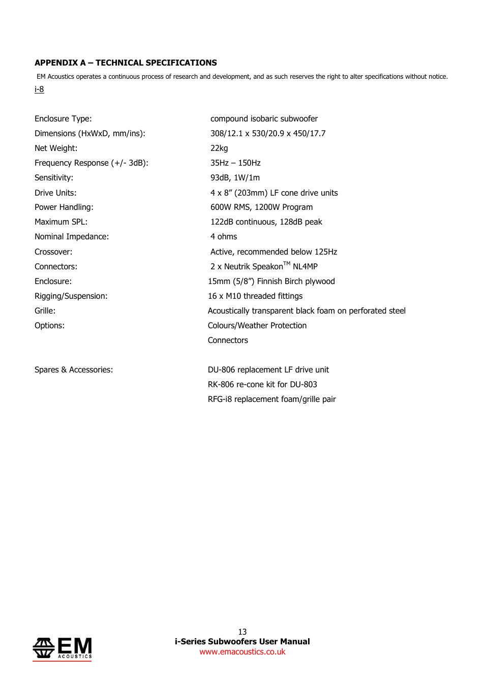 EM Acoustics i-12 compact ULF subwoofer User Manual | Page 13 / 14