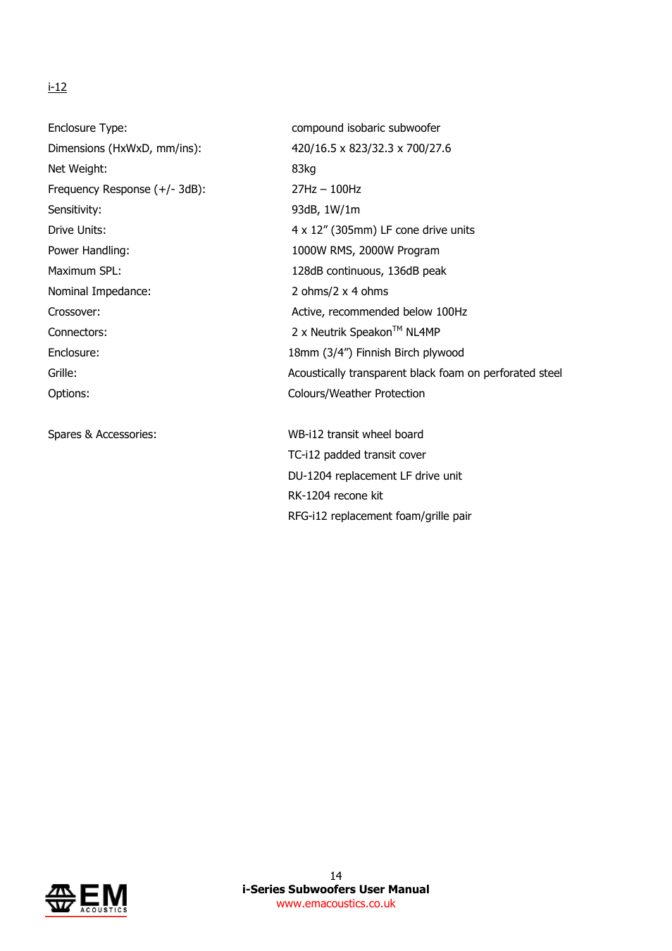 EM Acoustics i-12 compact ULF subwoofer User Manual | Page 14 / 14