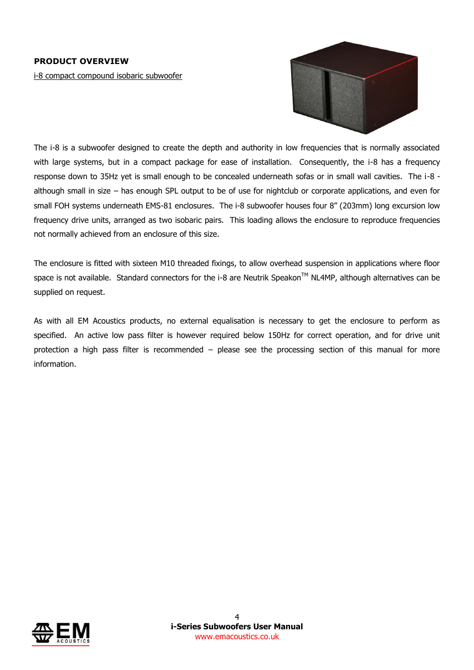 EM Acoustics i-12 compact ULF subwoofer User Manual | Page 4 / 14