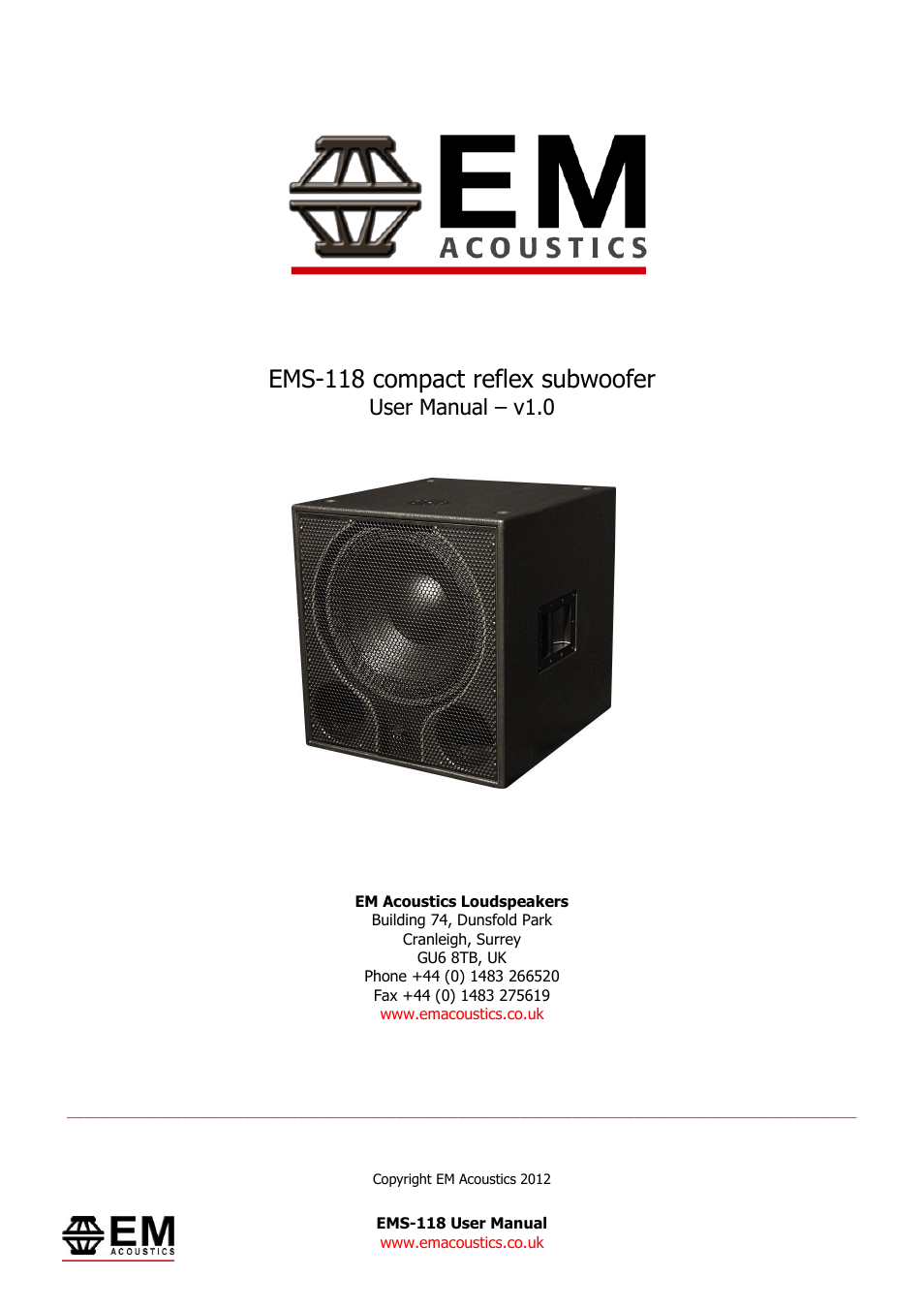 EM Acoustics EMS-118 reflex subwoofer User Manual | 9 pages