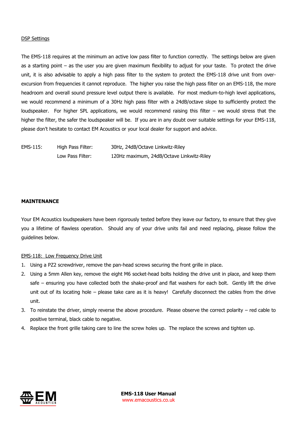 EM Acoustics EMS-118 reflex subwoofer User Manual | Page 7 / 9