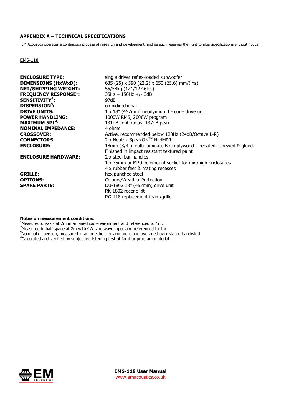EM Acoustics EMS-118 reflex subwoofer User Manual | Page 9 / 9